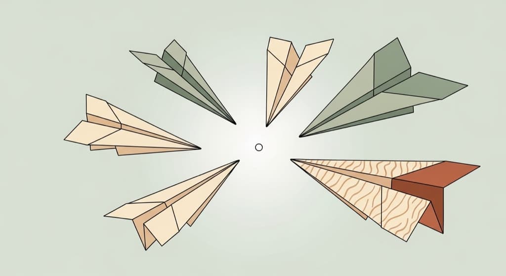Illustration of paper airplanes gliding inward from many directions to one point
