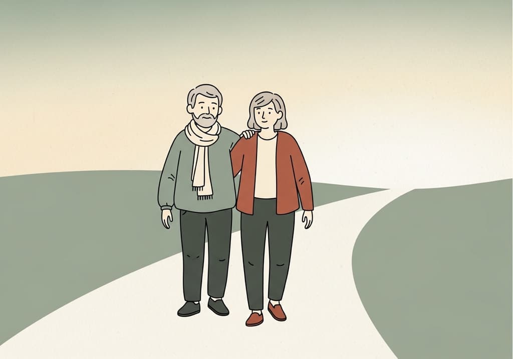 Warm illustration of two people walking together along a calm path, one supporting the other