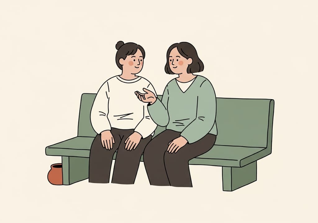 Warm illustration of two people in a calm, attentive conversation on a bench