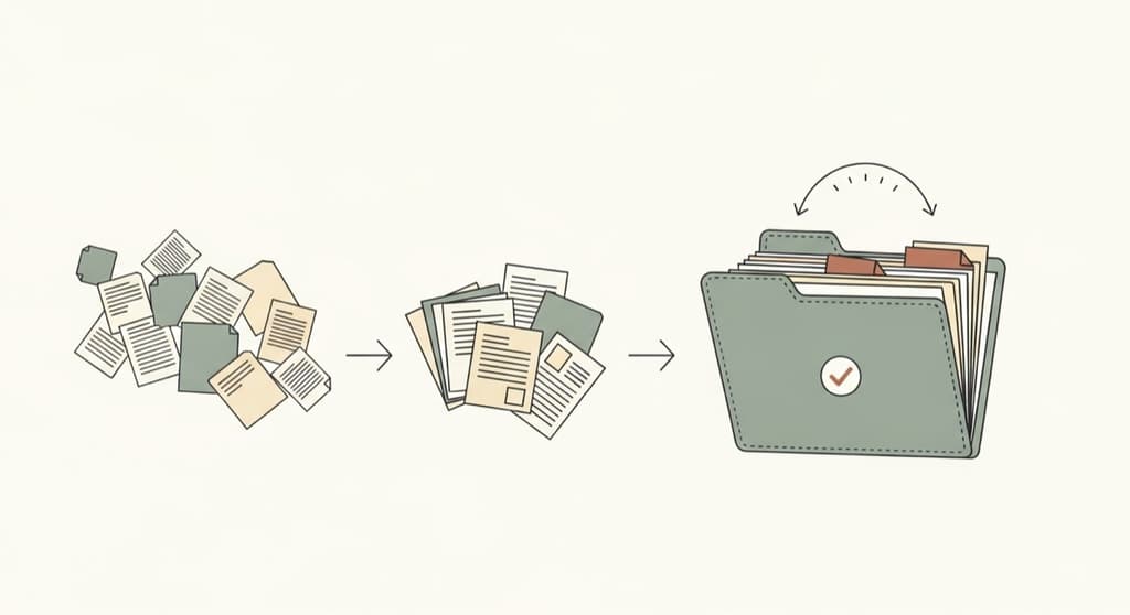 Illustration of scattered documents gathering into one organized, checked case folder