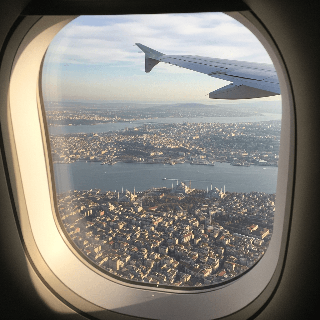 View of the Bosphorus and Istanbul's old city from an airplane window on approach